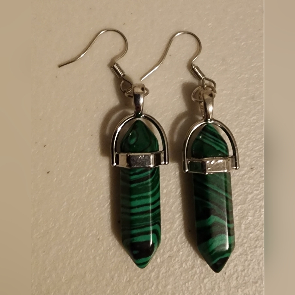 Malachite Hexagon Shaped Earrings, gently used.
